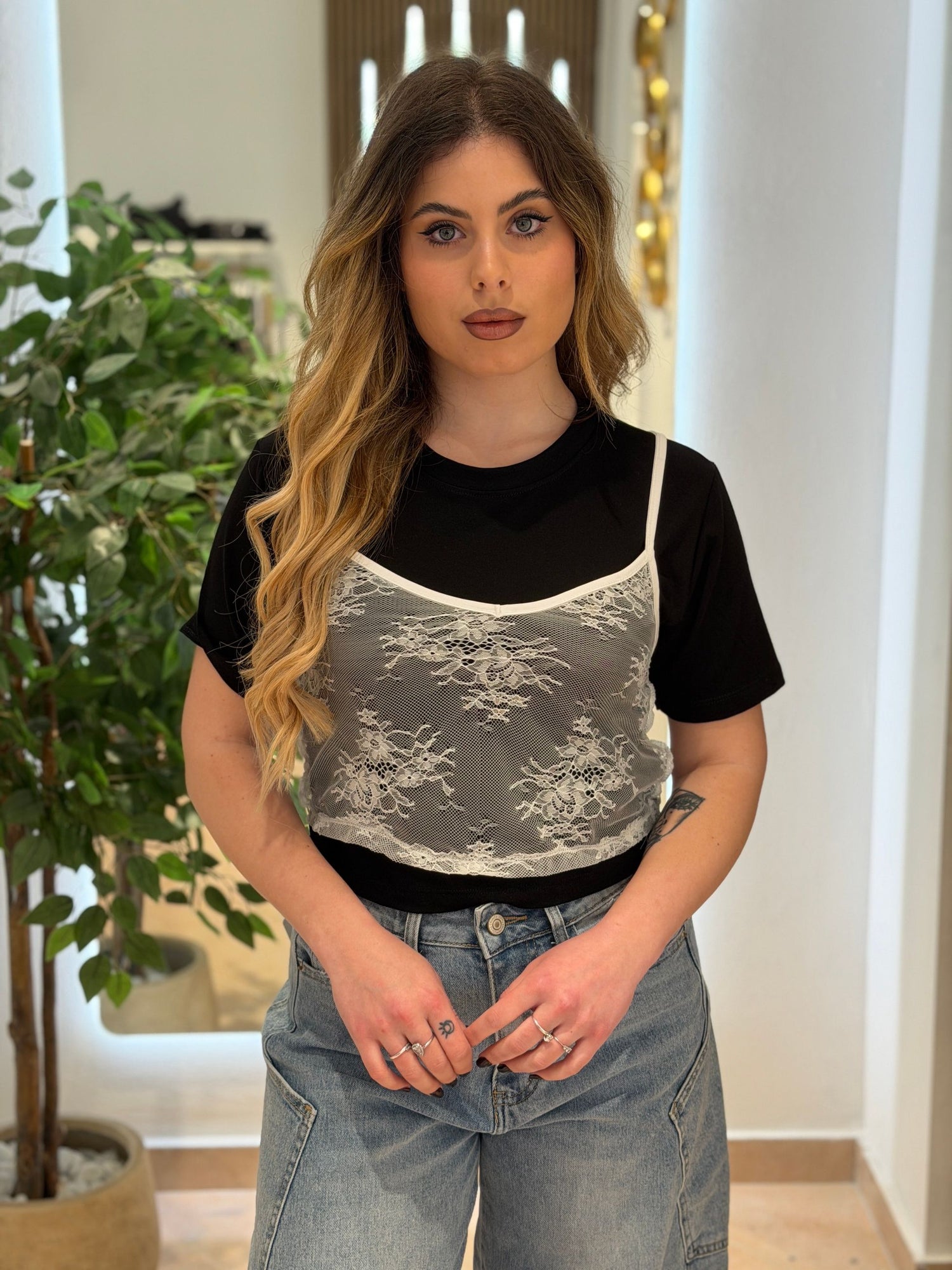 T-Shirt con top in pizzo