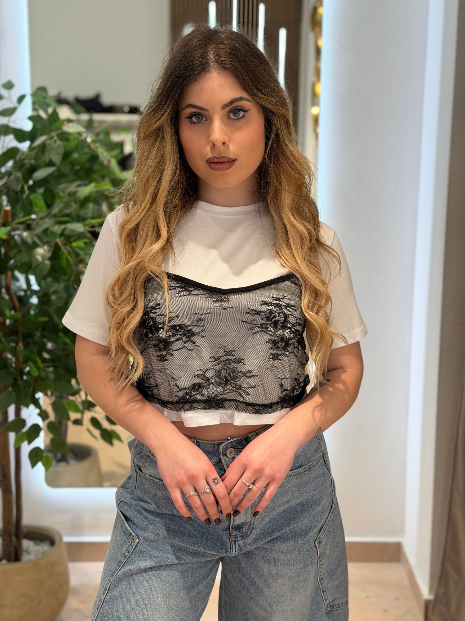 T-Shirt con top in pizzo